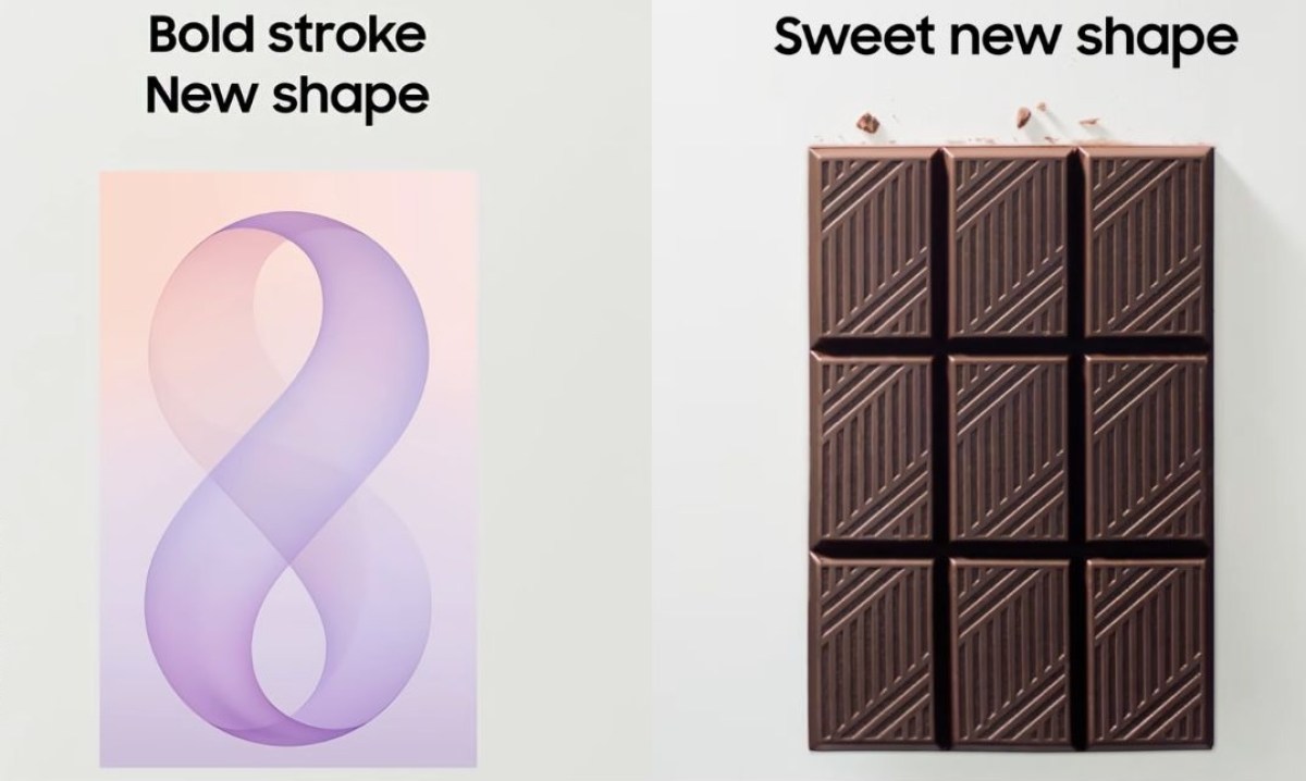 Two-panel ad: left shows 'Bold stroke New shape' with a pastel purple abstract eight; right shows 'Sweet new shape' beside a 12-piece chocolate bar.