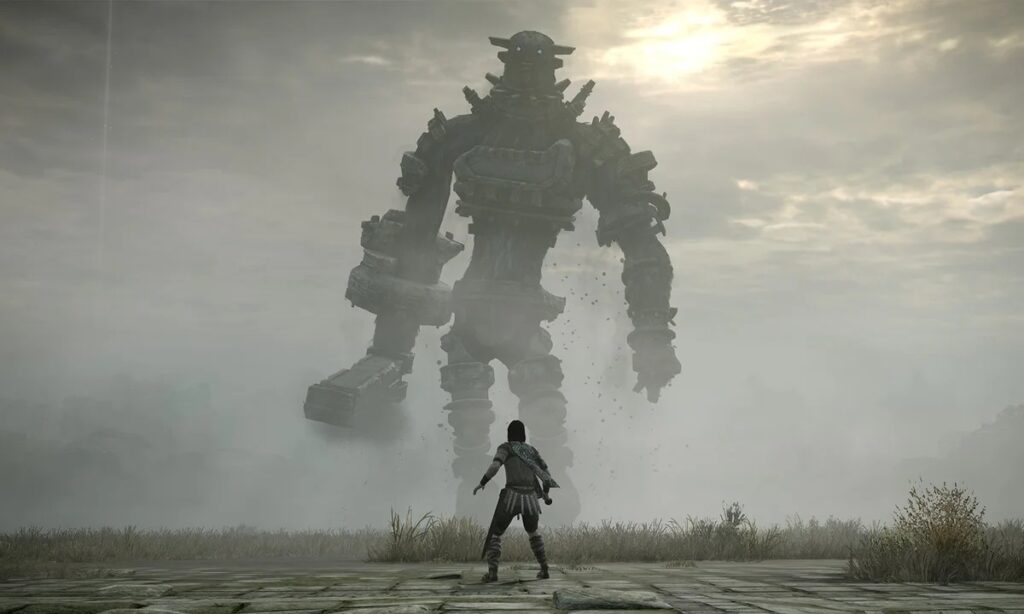 a Lone Armored Figure Stands on a Cracked Stone Platform Facing a Colossal Armored Humanoid Robot Emerging from Fog