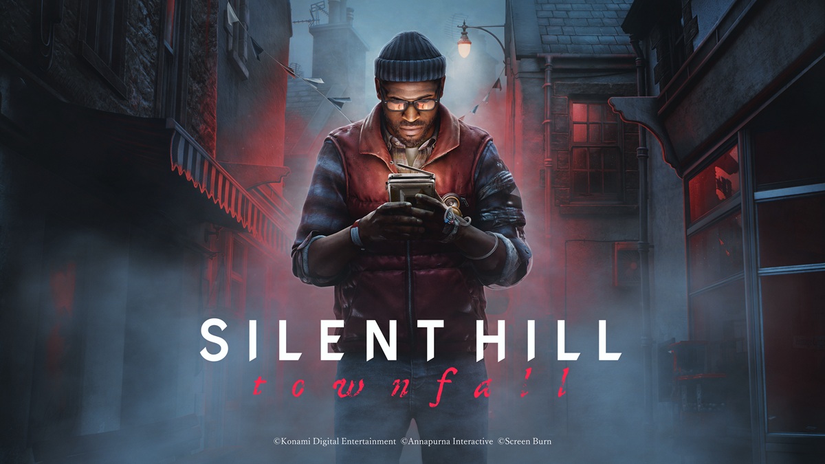 Poster for Silent Hill Townfall Man in Hoodie and Beanie Looking at a Handheld Device in a Foggy Neon lit Alley