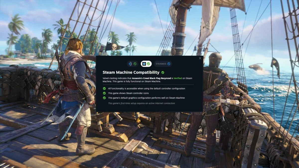 Pirate Ship Deck in a Video Game with a Character in Blue Armor a Steam Compatibility Window Sits in the Foreground with Green Checkmarks