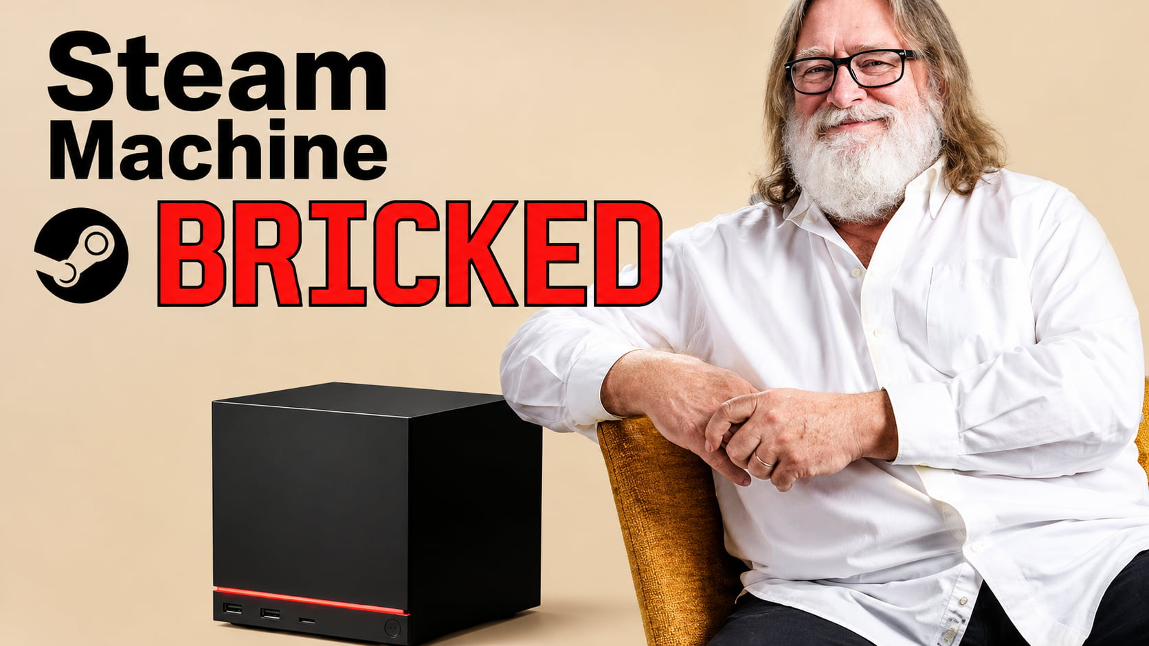 Bearded Man in a White Shirt Sits Beside a Black Steam Box Device with Bold Red Bricked Text on a Beige Background
