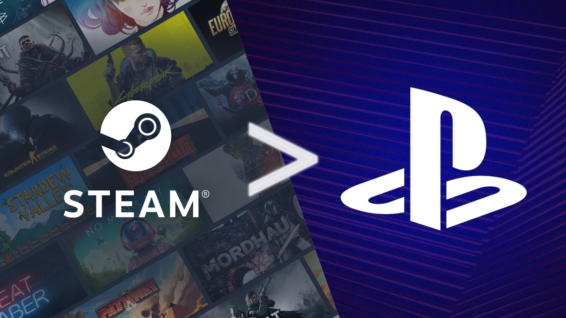 Steam Logo with a Collage of Game Thumbnails on the Left and a Large Playstation Logo on a Purple Striped Background on the Right Suggesting Cross platform Gaming