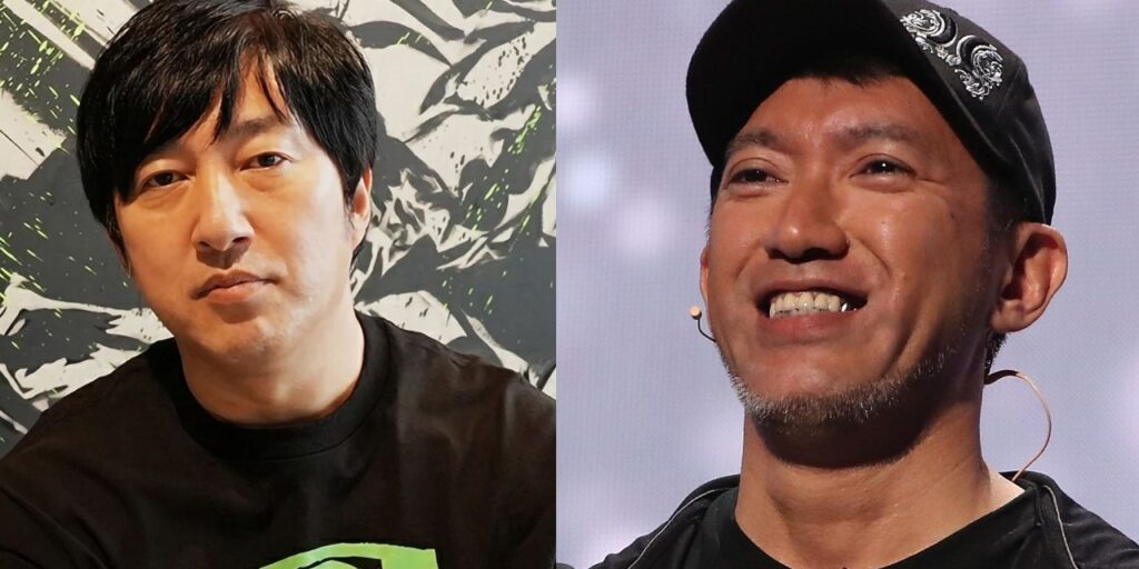 Two Men Pictured Side by Side Left is an Asian Man with Black Hair in a Black Shirt Right is a Smiling Man with a Cap and Microphone on Stage