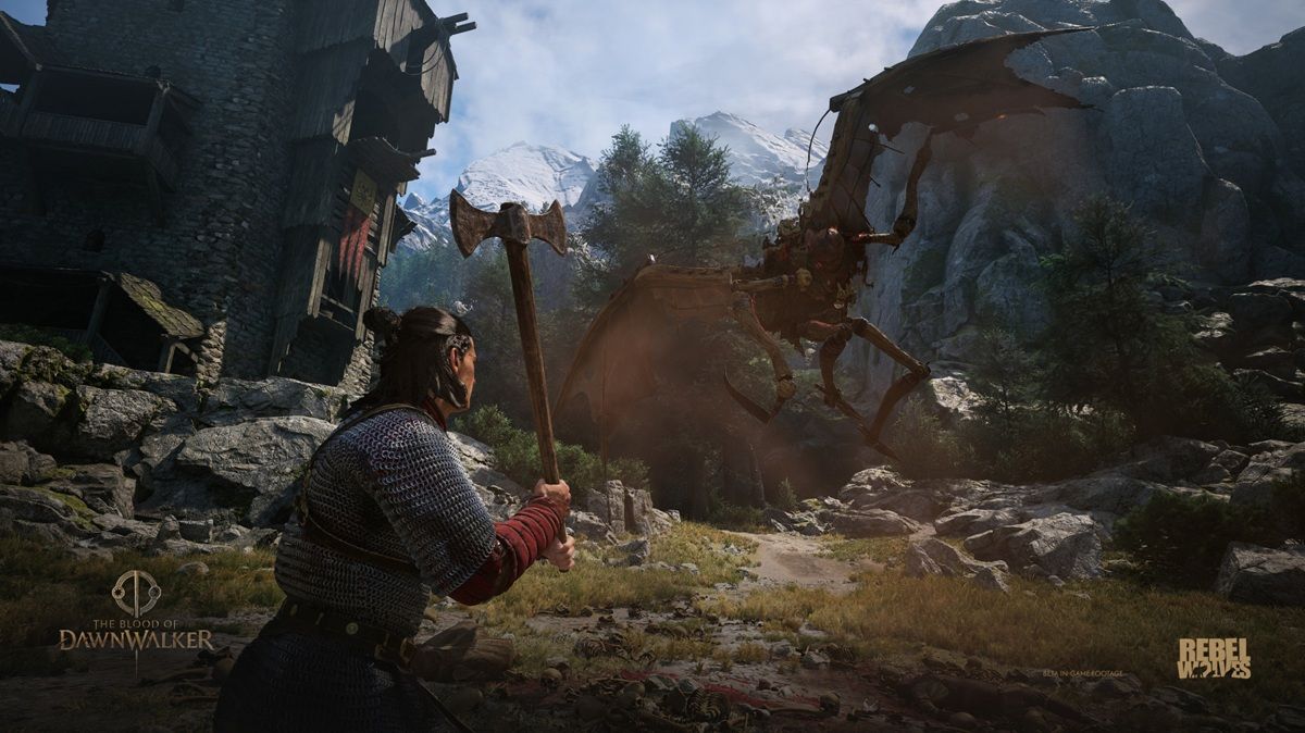 Armored Warrior in Chainmail Raises a Battle axe to Confront a Large Spider like Mechanical Monster in a Rocky Mountain Valley