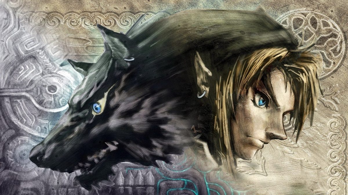 Two sided Fantasy Portrait of a Man with Blond Hair and Blue Eye Merging into a Snarling Black Wolf Against a Carved Stone Background