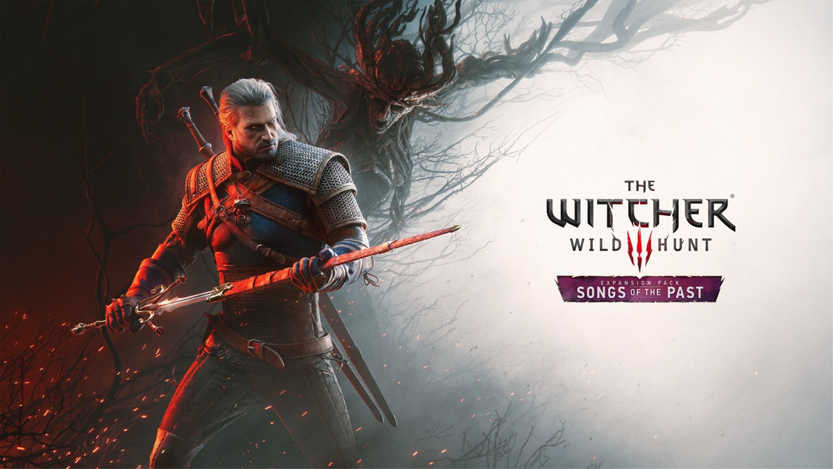 Geralt of Rivia in Armor Pulling a Glowing Blade Dark Trees Behind Logo Reads 'the Witcher Wild Hunt Songs of the Past' on the Right