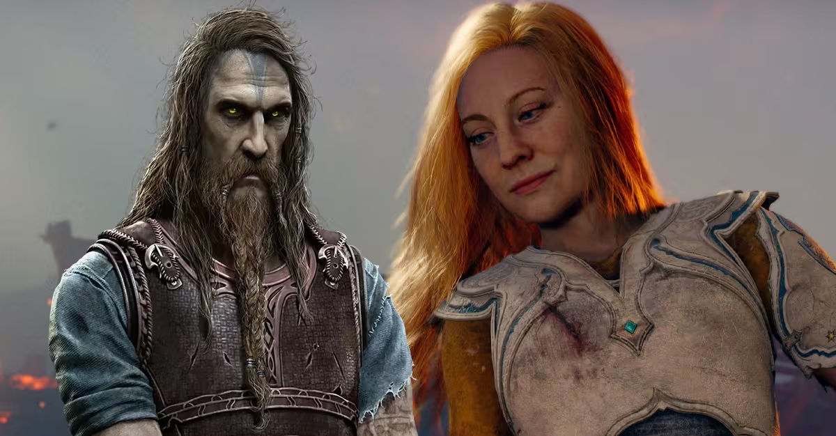 Two Armored Figures Stand Side by Side on a Smoky Battlefield a Stern Bearded Man with Long Hair and Glowing Eyes and a Woman with Orange Hair in Ornate Silver Armor