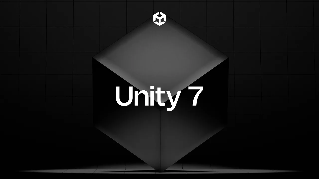 3d Black Cube Hovering on a Dark Stage with Bold 'unity 7' Text Across Its Front Face and a Small White Logo Above It