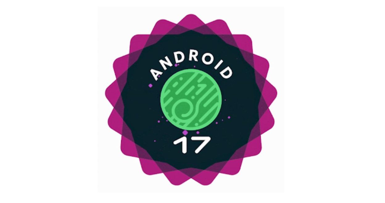 Android 17 badge: dark center with a green planet icon, surrounded by pink layered petals.