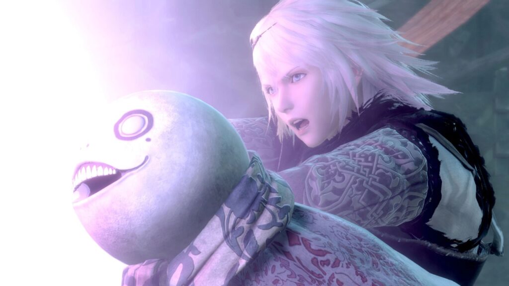 a Pink haired Warrior Grips a Large Round Grinning Creature As Bright Light Floods in from the Left