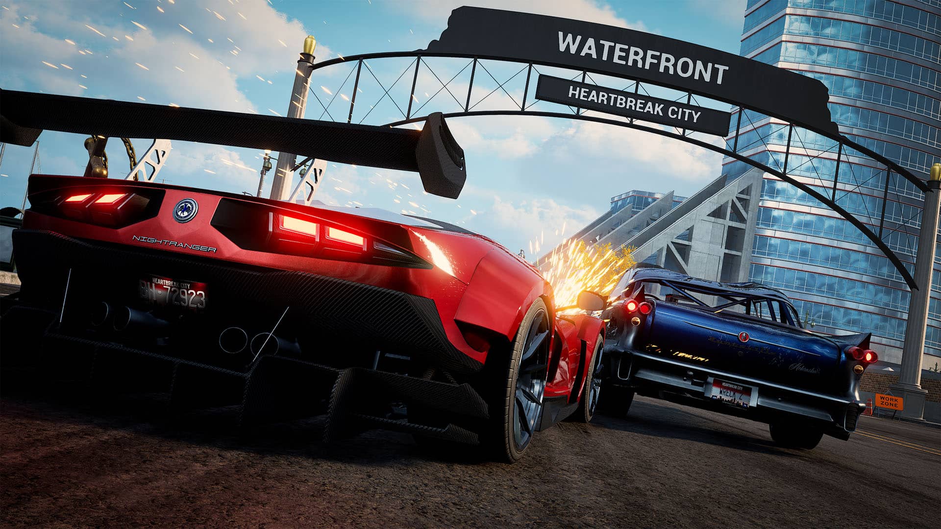 Red Sports Car Collides with a Blue Car in a City Street Under a Waterfront Arch Sparks Flying Behind Them