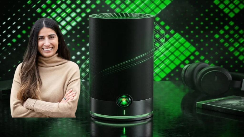 Smiling Woman Stands Beside a Tall Black Cylindrical Device with Green Lighting in a Neon Green Tech themed Setting with Headphones in the Background
