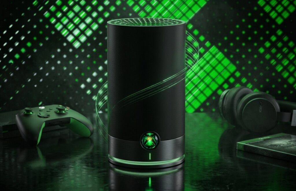 Xbox Series X Console with Green Led Ring Vertical Orientation Flanked by a Green Controller and Gaming Headset
