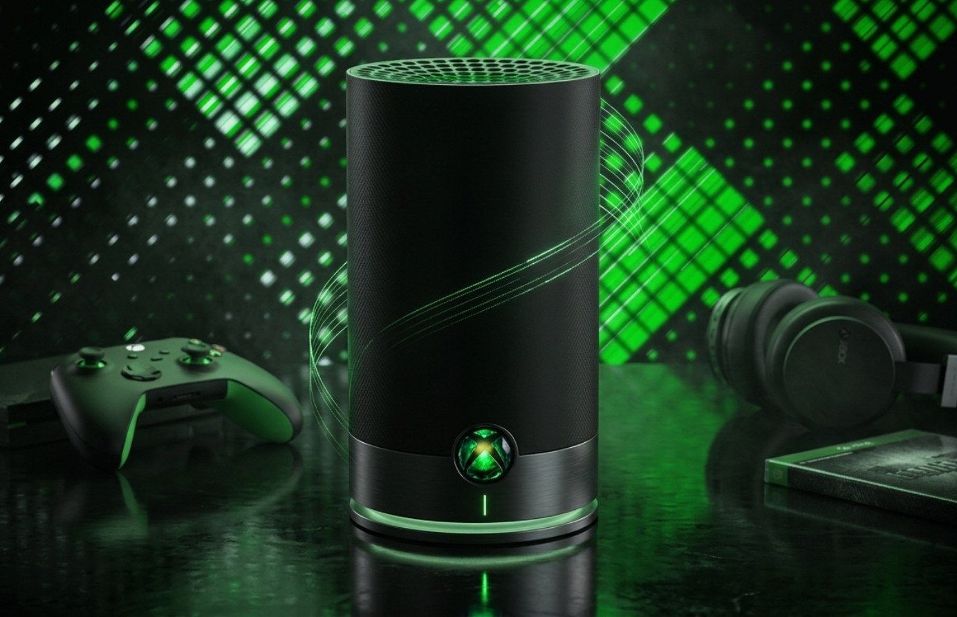Xbox Series X Console with Green Led Ring Vertical Orientation Flanked by a Green Controller and Gaming Headset