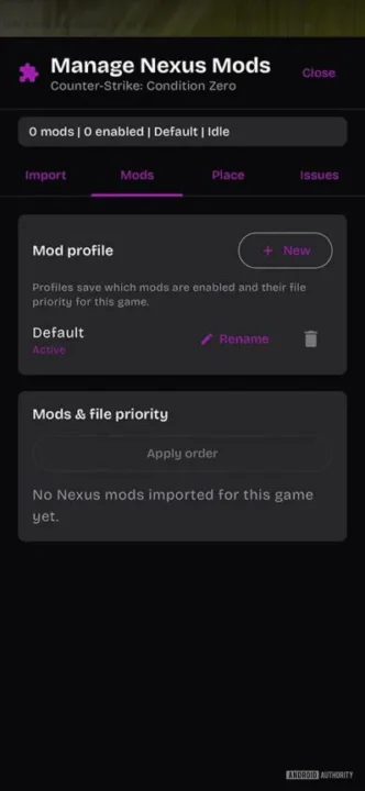 Nexus Mods App Screen Manage Mods with Dark Theme Showing Mod Profile 'default' active and an Empty 'mods & File Priority' Area Pink Accents and Tabs Import Mods Place Issues
