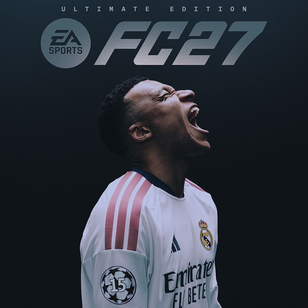 Energetic Portrait of a Real Madrid Player Shouting in a White Jersey with Pink Stripes Against a Dark Background for Fifa Fc27 Promo
