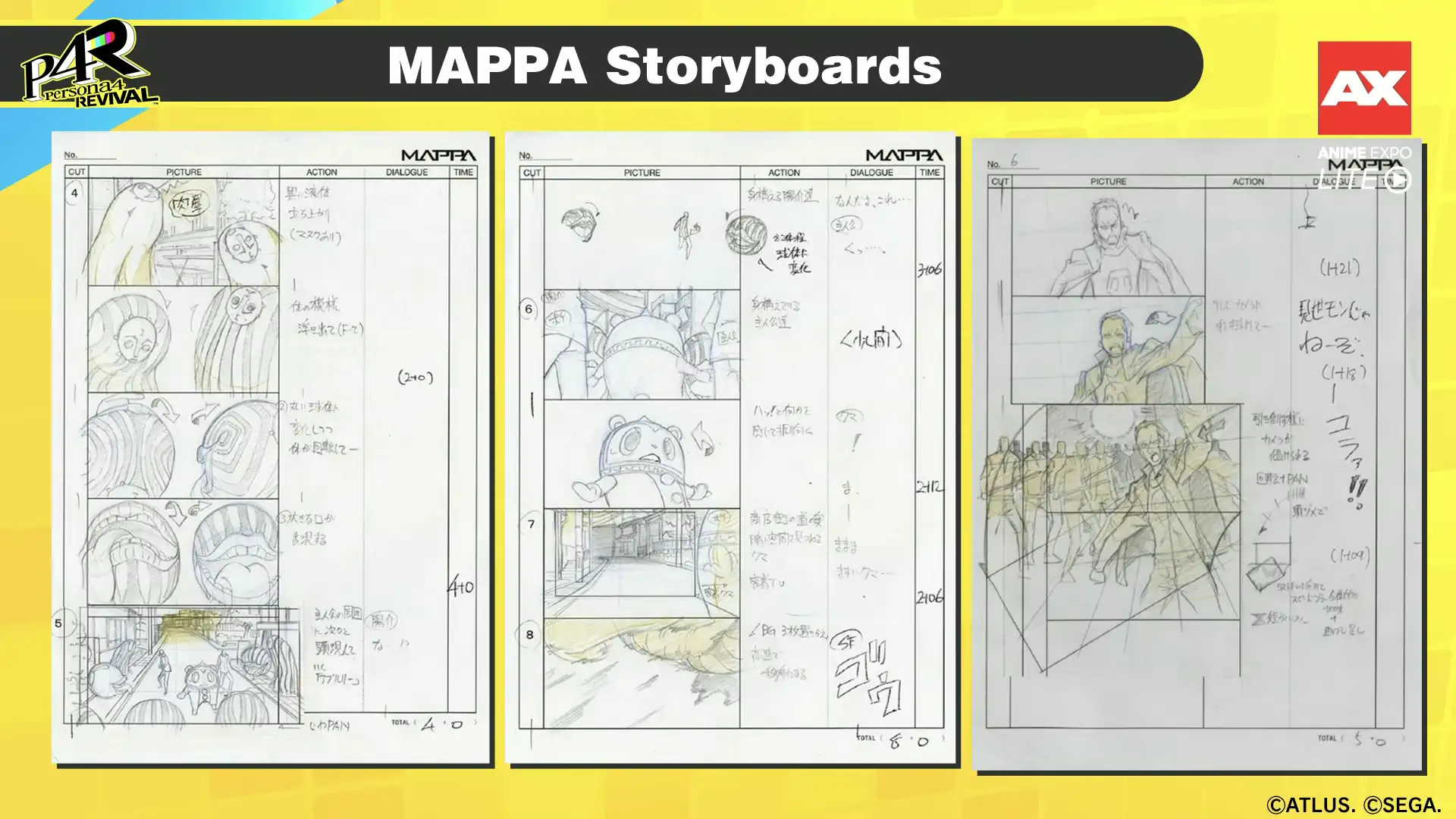 Three Mappa Storyboard Sheets with Rough Pencil Panels Character Sketches and Handwritten Notes on Action and Dialogue for an Anime Project