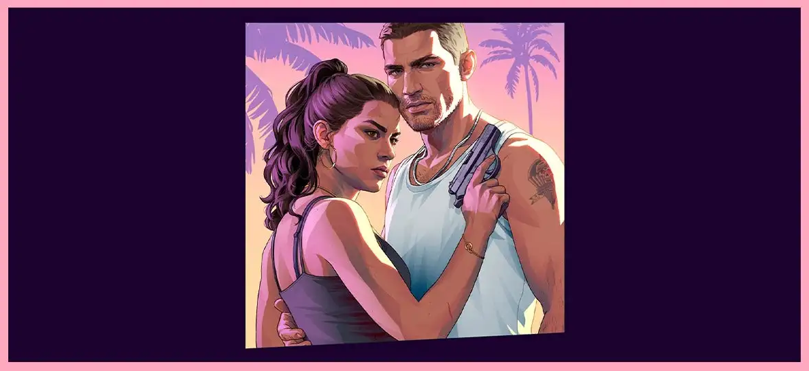 Gta 6 jason lucia Couple Embracing at Sunset with Palm Trees in the Background a Romantic Outdoor Scene
