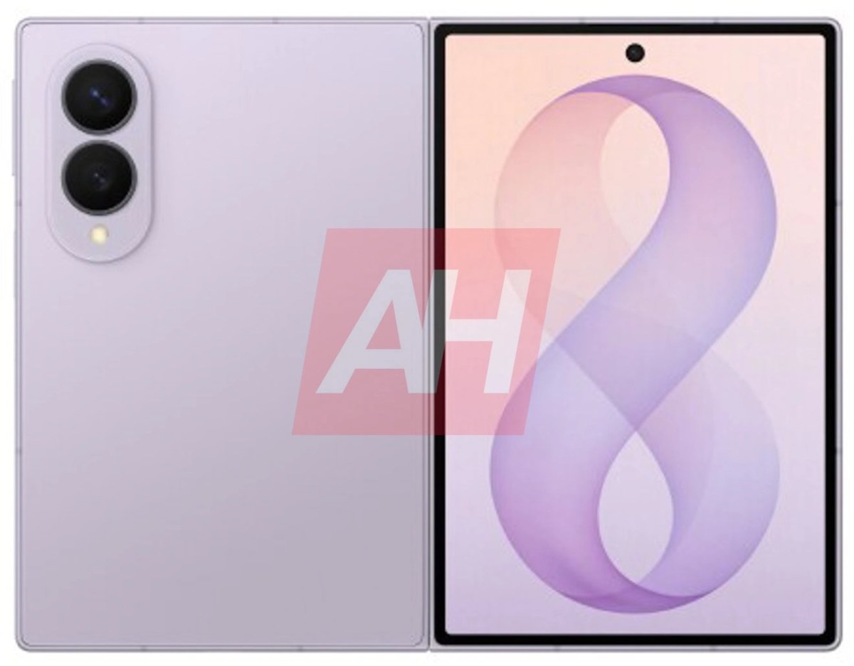 Light purple foldable smartphone opened to show a large display on the right and a vertical dual-camera module on the left.
