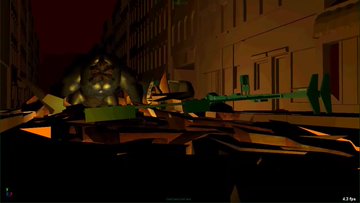 Hncwk2hxcaaw580 Dark Low poly Game Scene at Night with a Large Menacing Monster Looming in the Background and Jagged Debris in the Ruined Street Foreground