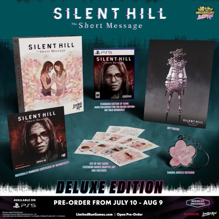 Promotional Collage for Silent Hill the Short Message Deluxe Edition Featuring Game Boxes Art Poster Art Cards Certificate of Authenticity and a Pink Sakura Keychain
