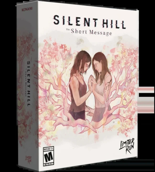 Box Cover Art for Silent Hill the Short Message Featuring Two Girls Touching Hands Amidst Pink Tree Branches and Limited Run Branding