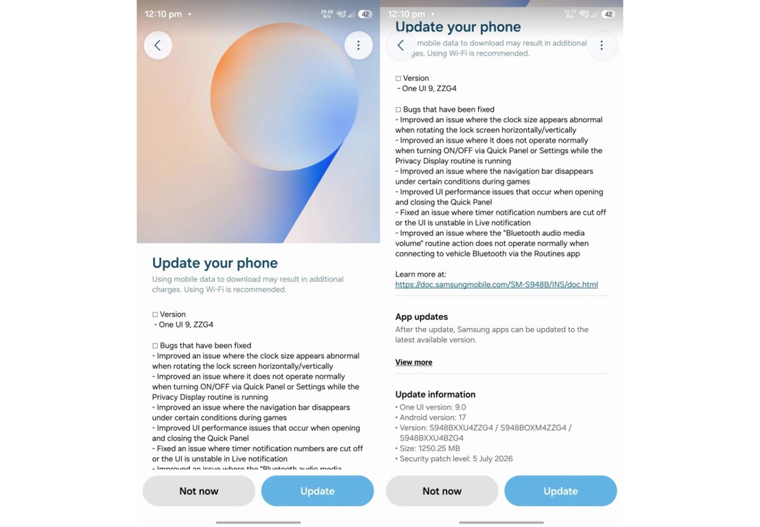1000049817 Screenshot of a phone update screen showing the headline 'Update your phone' with bullet notes and two action buttons: Not now and Update.