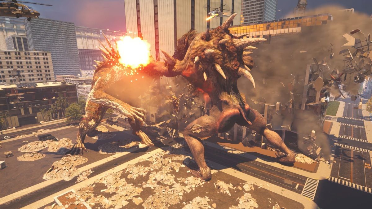 Two Enormous Monsters Battle in a City Street with Debris and a Bright Explosion Between Them Skyscrapers in the Background