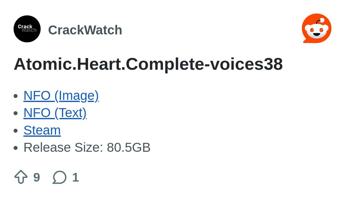 Crackwatch Header for Atomic Heart Complete voices38 with Four Links Listed Nfo image Nfo text Steam Release Size 805gb and Social Icons in Header