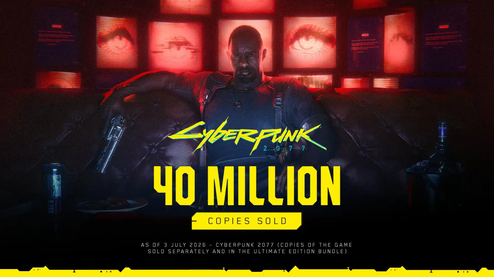 Promotional Cyberpunk 2077 Poster a Dark Room with Red Screens Behind a Man Large Yellow Text Reads '40 Million Copies Sold'