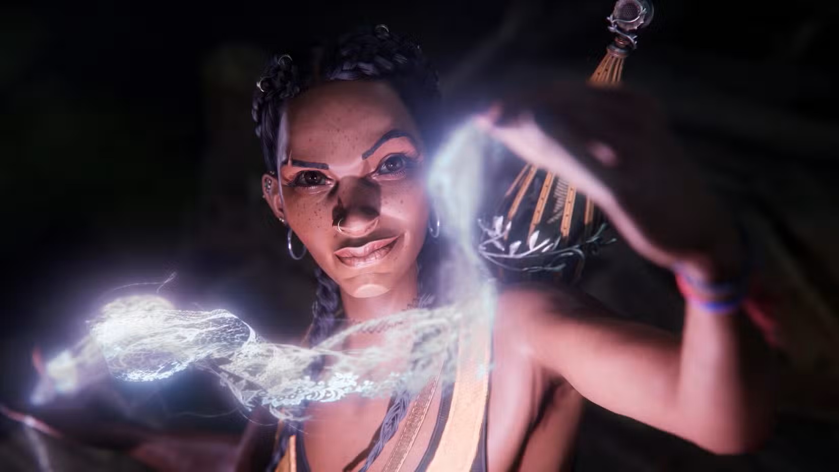 Portrait of a Woman with Braids and Hoop Earrings Conjuring a Bright Swirling Light in a Dark Setting