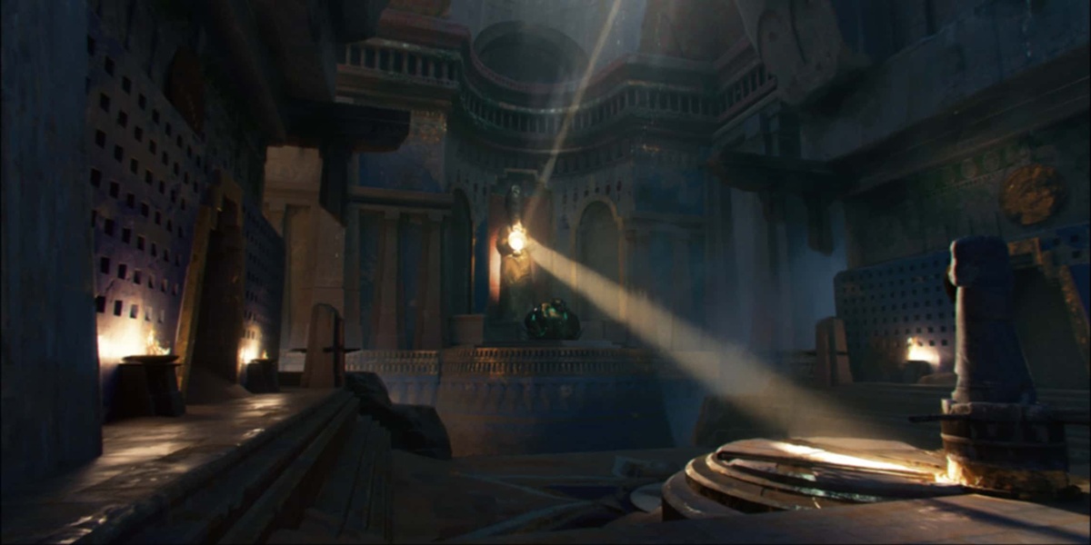 Dim Ancient Temple Hall with Stone Columns and a Pedestal Bathed in a Single Beam of Sunlight