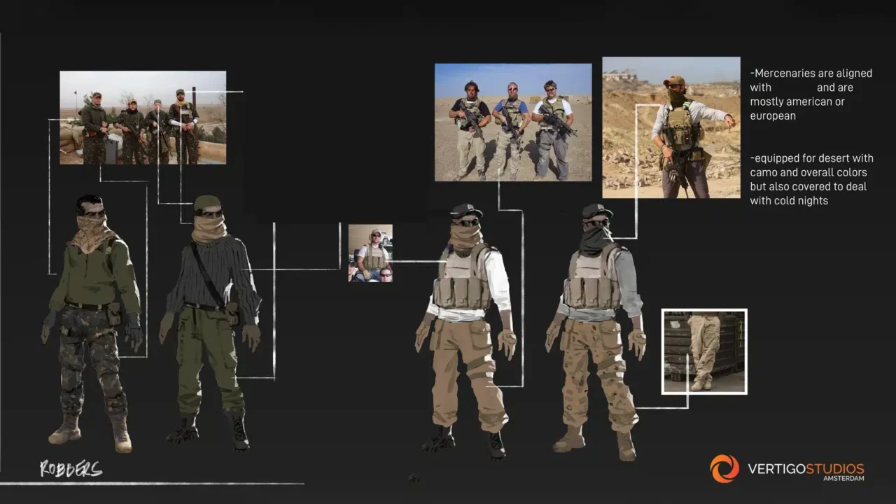 Infographic Montage of Armed Mercenaries in Desert Gear Connected by White Lines with Notes About Alignment with American or European Forces and Desert Operations