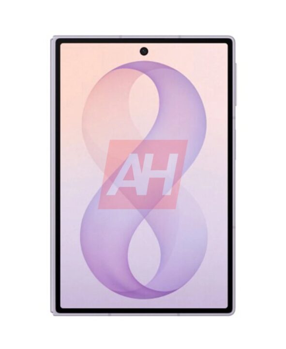 Front view of a tablet with a large screen and a centered top camera, displaying a pink-purple gradient wallpaper.