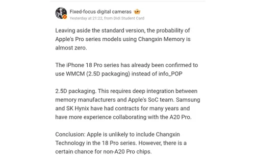 1000049378 Screenshot of a social post debating iPhone 18 Pro memory suppliers and packaging, noting WMCM 2.5D packaging over Changxin, with mentions of memory integration and A20 Pro chip chances.