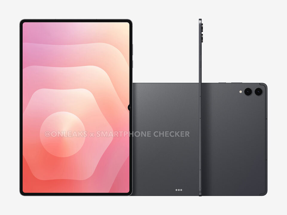 Front and side/back views of a dark gray tablet with slim bezels and dual rear cameras, displaying a pink gradient wallpaper on the screen.
