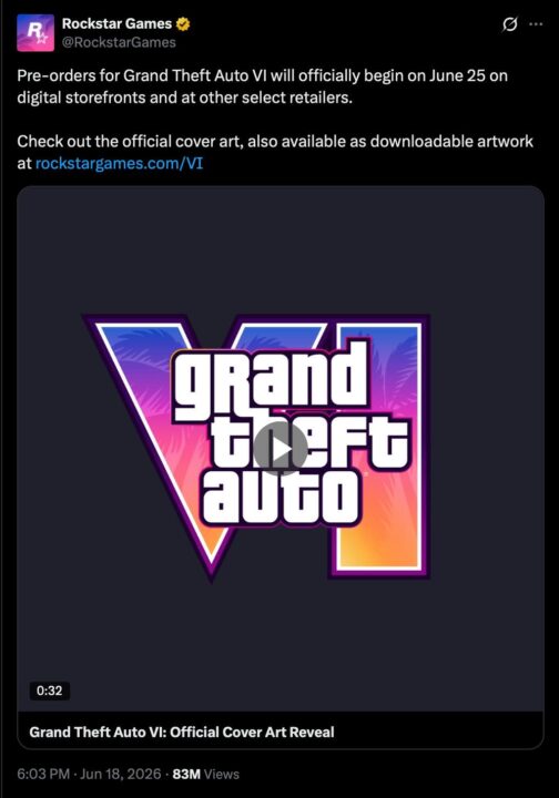 Tweet Post Showing a Video Thumbnail with the Grand Theft Auto Vi Logo in Purple pink Gradient on a Dark Background