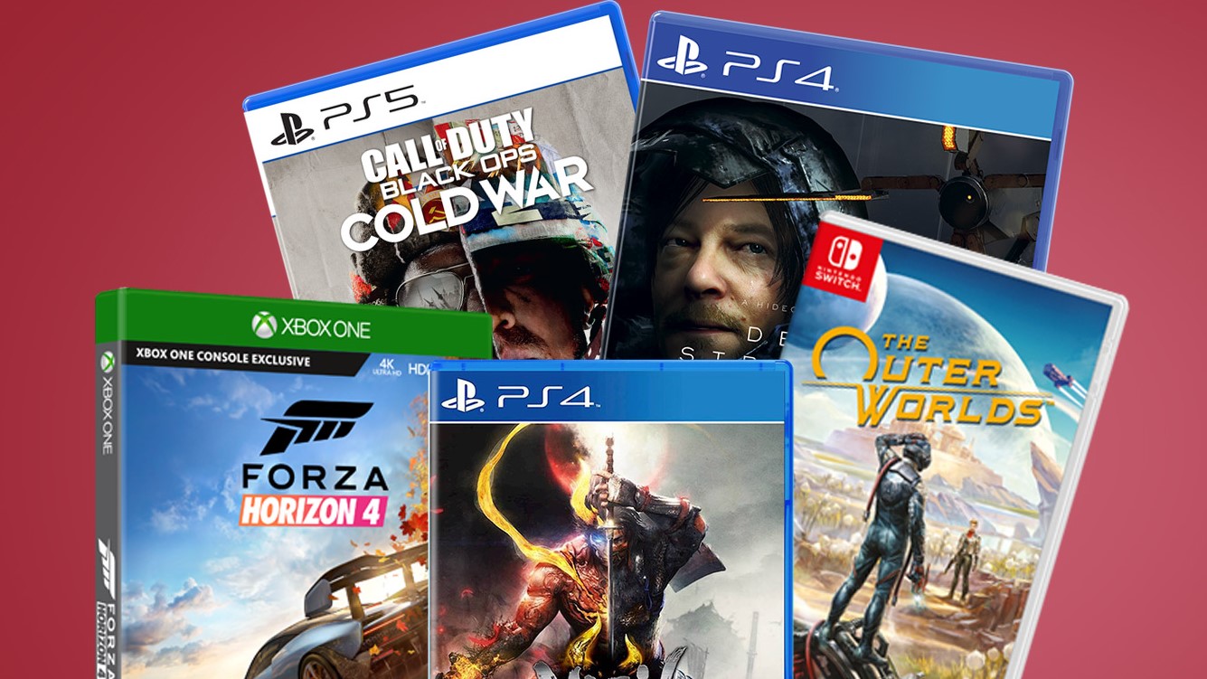 a Collage of Video Game Cases from Ps4 and Xbox One Fanned out Against a Red Background informative Shows Multiple Game Titles and Consoles