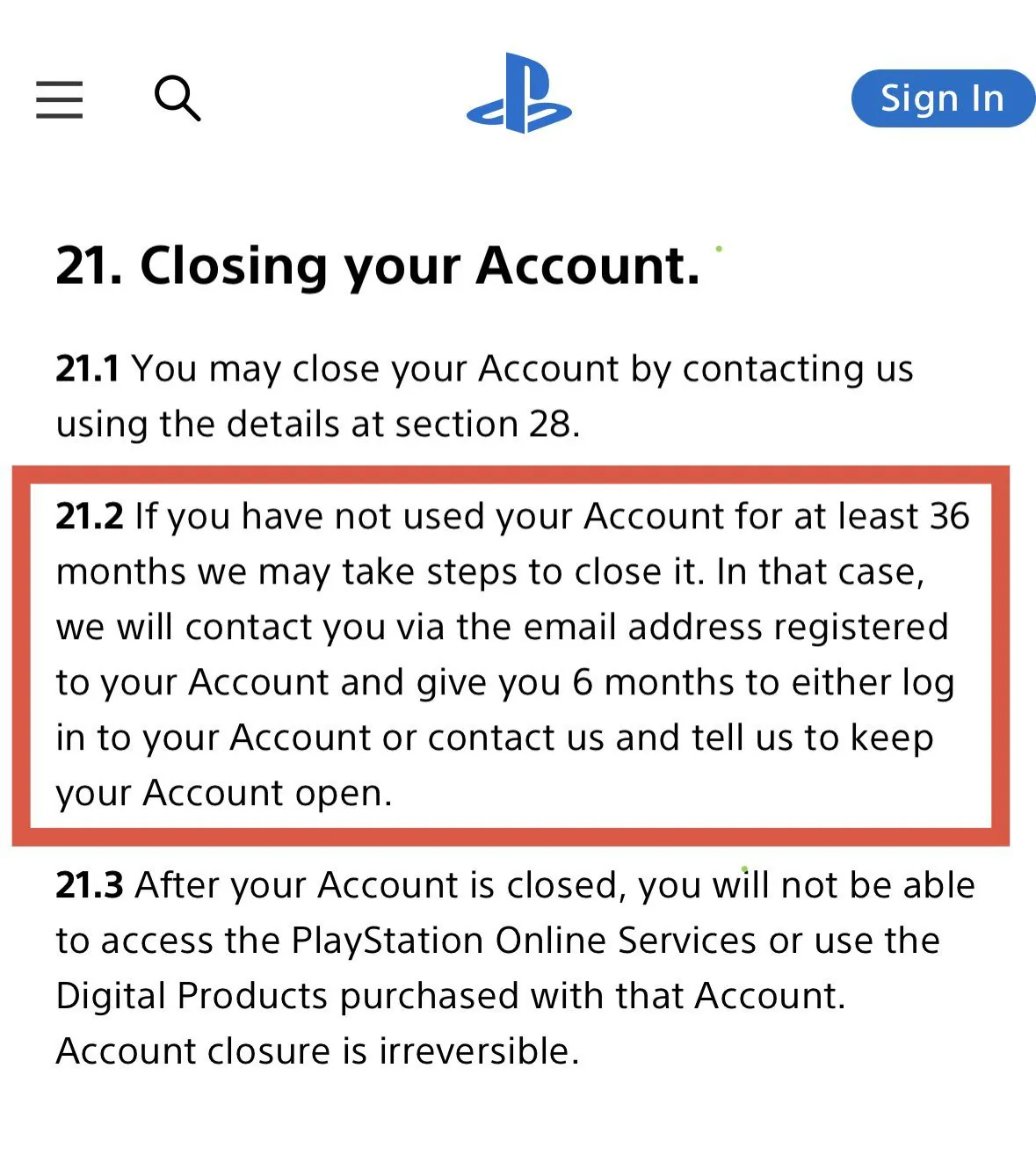 Text Excerpt from an Account closure Policy Highlighted 212 Clause Explains Closing After 36 Months of Inactivity and Contact Via Email