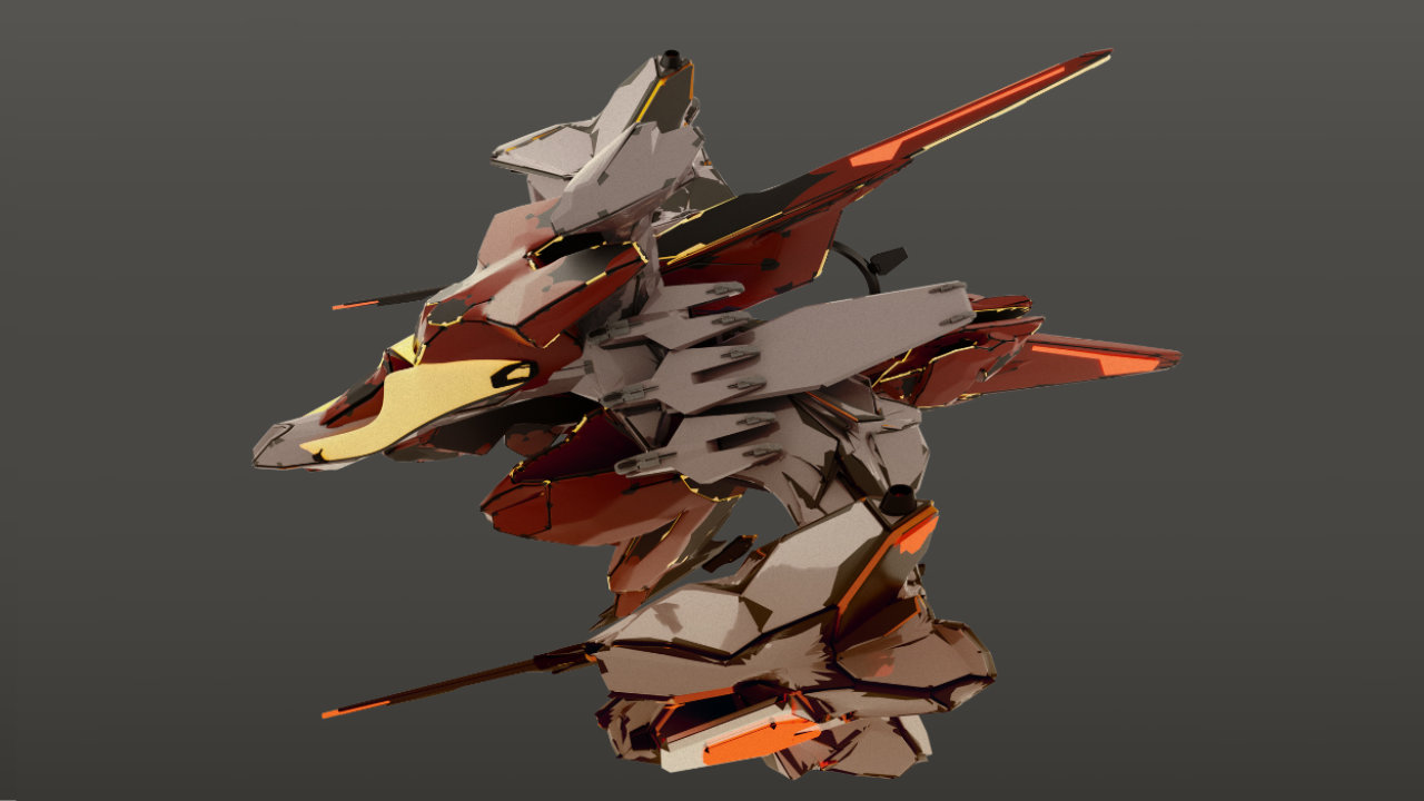 3d Render of an Orange and Beige Armored Mech with Jagged Plates and Blade like Extensions Against a Gray Background
