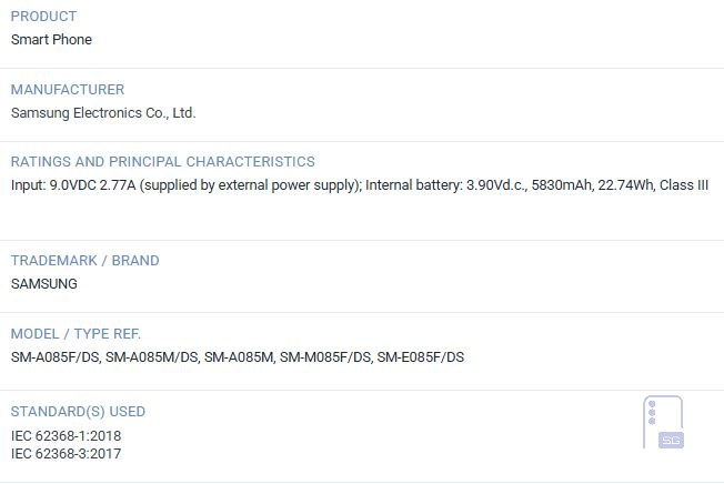 Samsung smartphone, model SM-A085F/DS; input 9V 2.77A; battery 5830mAh (22.74Wh); IEC 62368-1:2018, IEC 62368-3:2017.