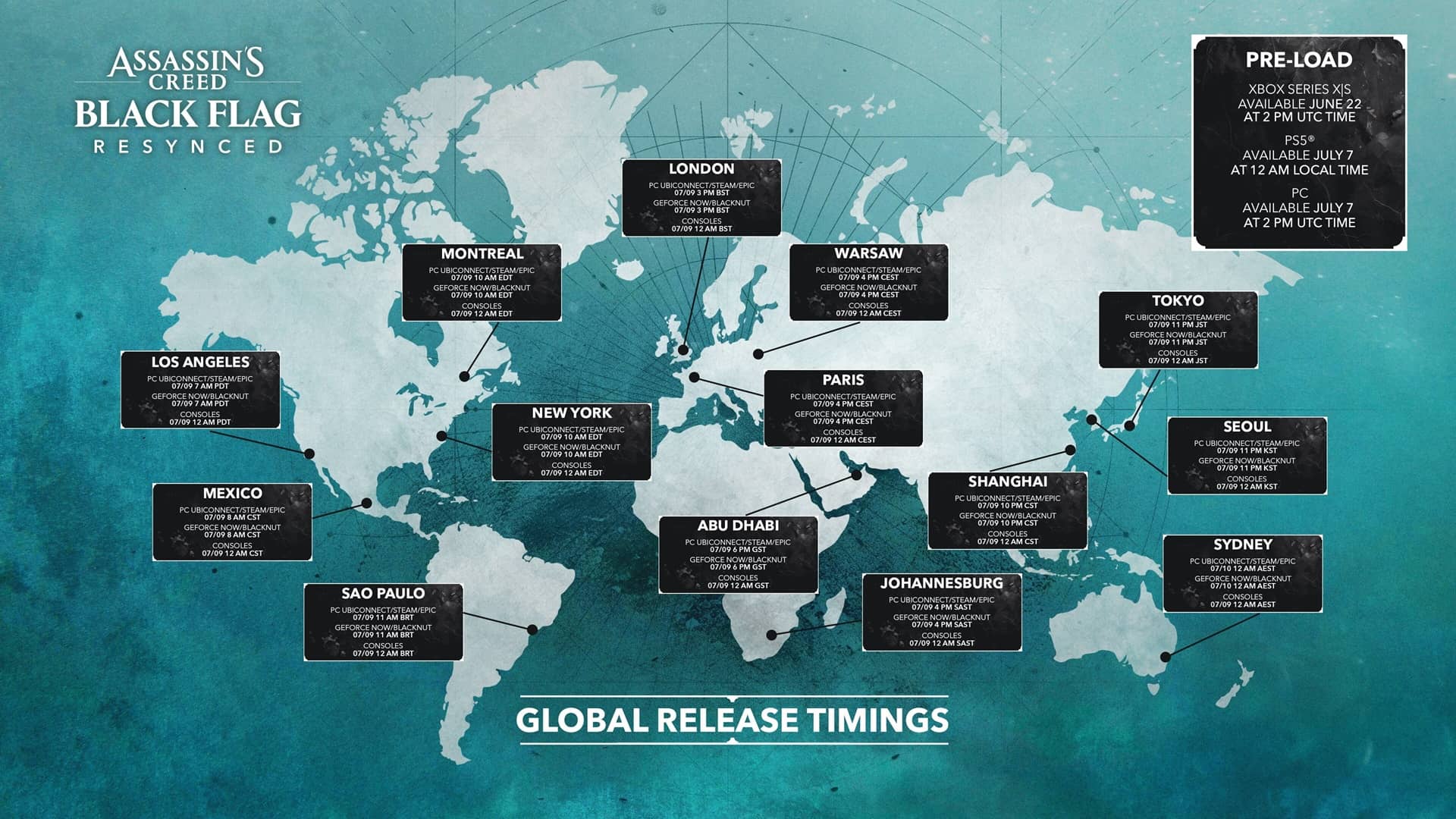 World Map Showing Global Release Timings Bubbles for Assassin's Creed Black Flag Resynced with Cities Like New York London Paris Tokyo Connected by Lines