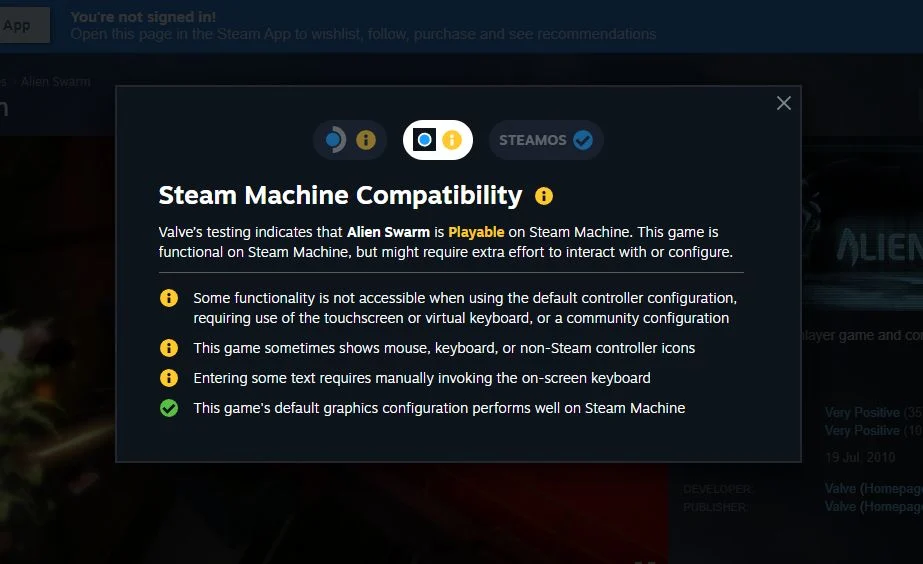 Steam Pop up Titled 'steam Machine Compatibility' Explains Alien Swarm is Playable on Steam Machine with Notes on Input and Graphics Readiness