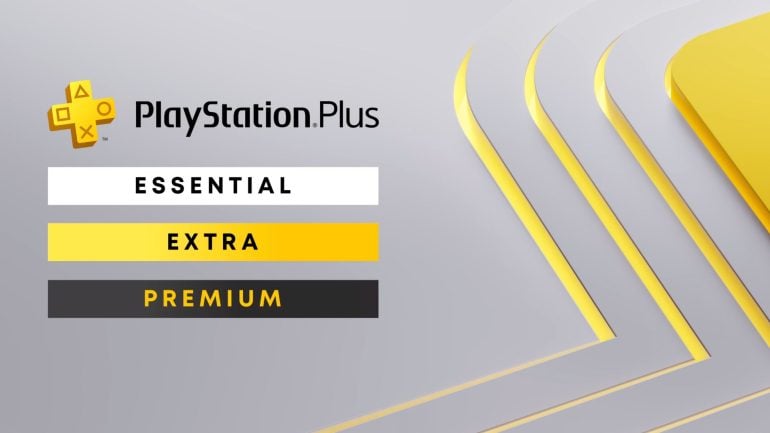 Playstation Plus Promotional Image Showing Tiers Essential white Extra yellow and Premium black with the Logo in the Top Left