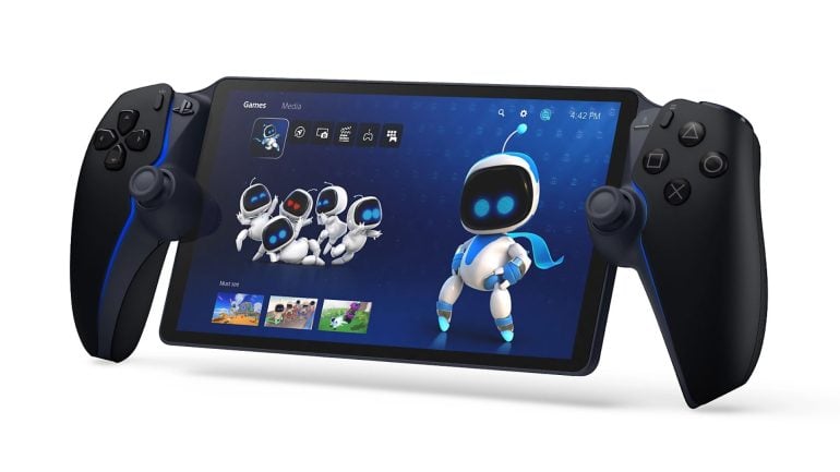 Handheld Gaming Console with Detachable Side Controllers Displaying Robots on the Screen