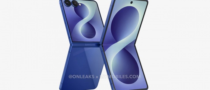 Two blue Samsung foldable smartphones shown at angles, highlighting the hinge/clamshell design and rounded cameras.