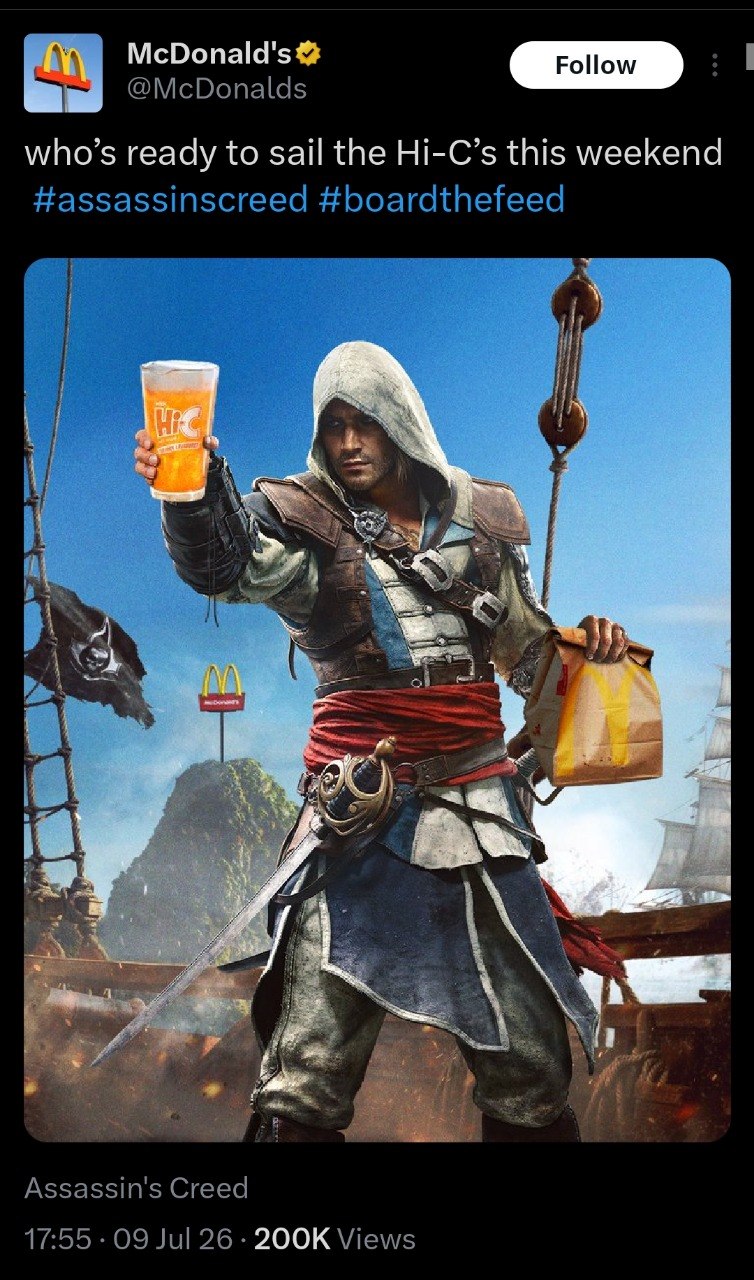 Assassins Creed Character on a Ship Raises an Orange Hi c Drink Toward the Viewer with a Mcdonalds Sign in the Background and a Mcdonalds Bag in Hand