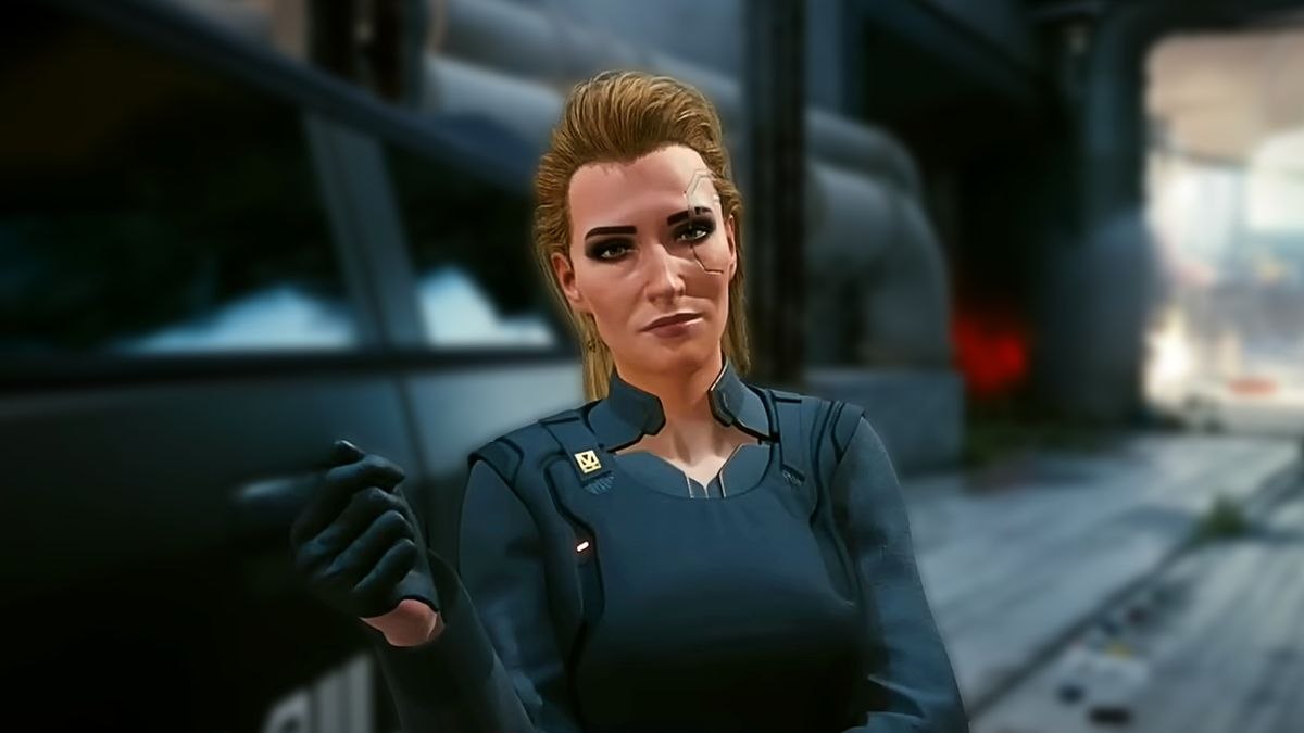 Female Sci fi Soldier in a Dark Uniform Smiles Slightly Standing Beside a Vehicle in a Futuristic Setting with a Visible Facial Scar on Her Right Cheek