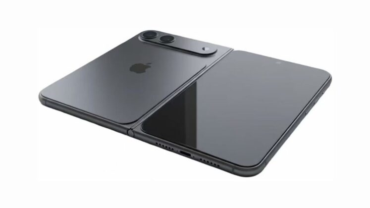 Space-gray foldable iPhone with a hinge and dual rear cameras, showing the Apple logo on the back.