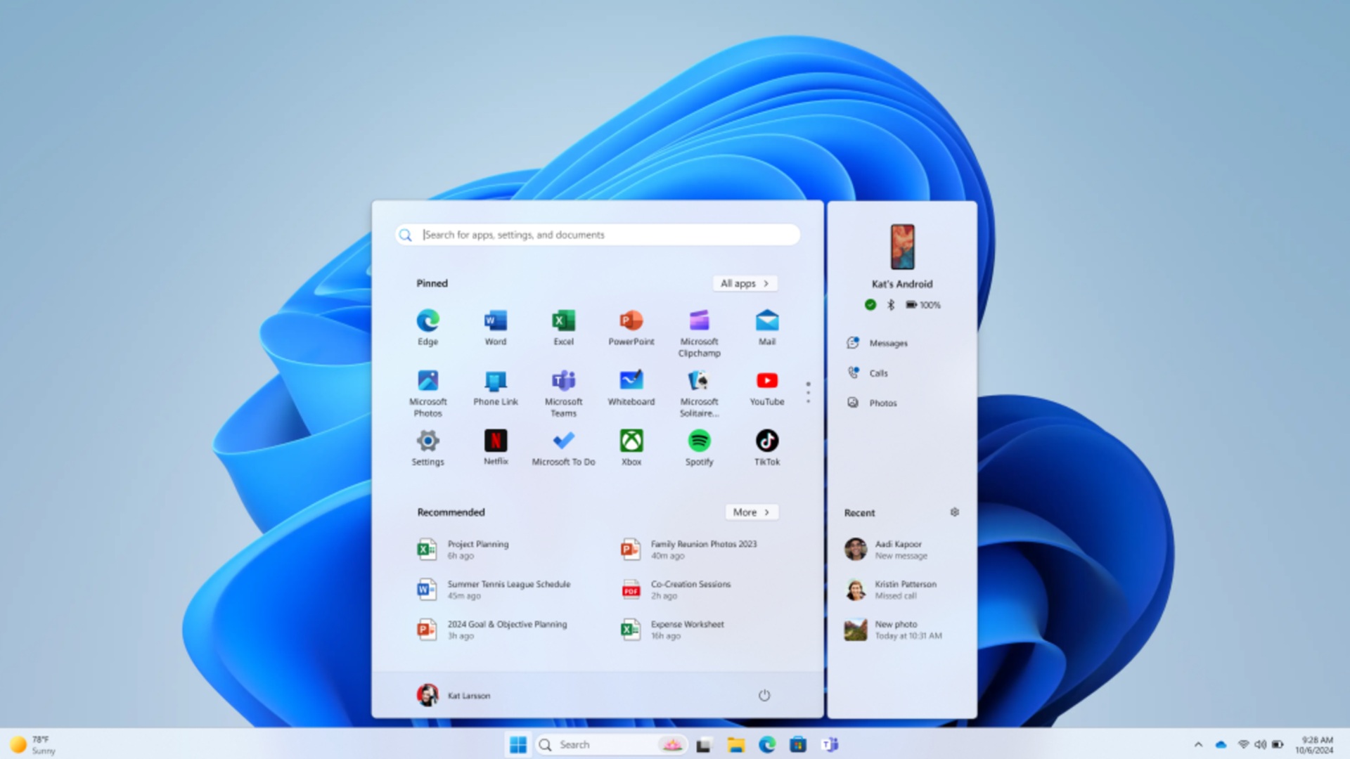 Windows 11 desktop with Start menu open and app icons visible on a light blue background.
